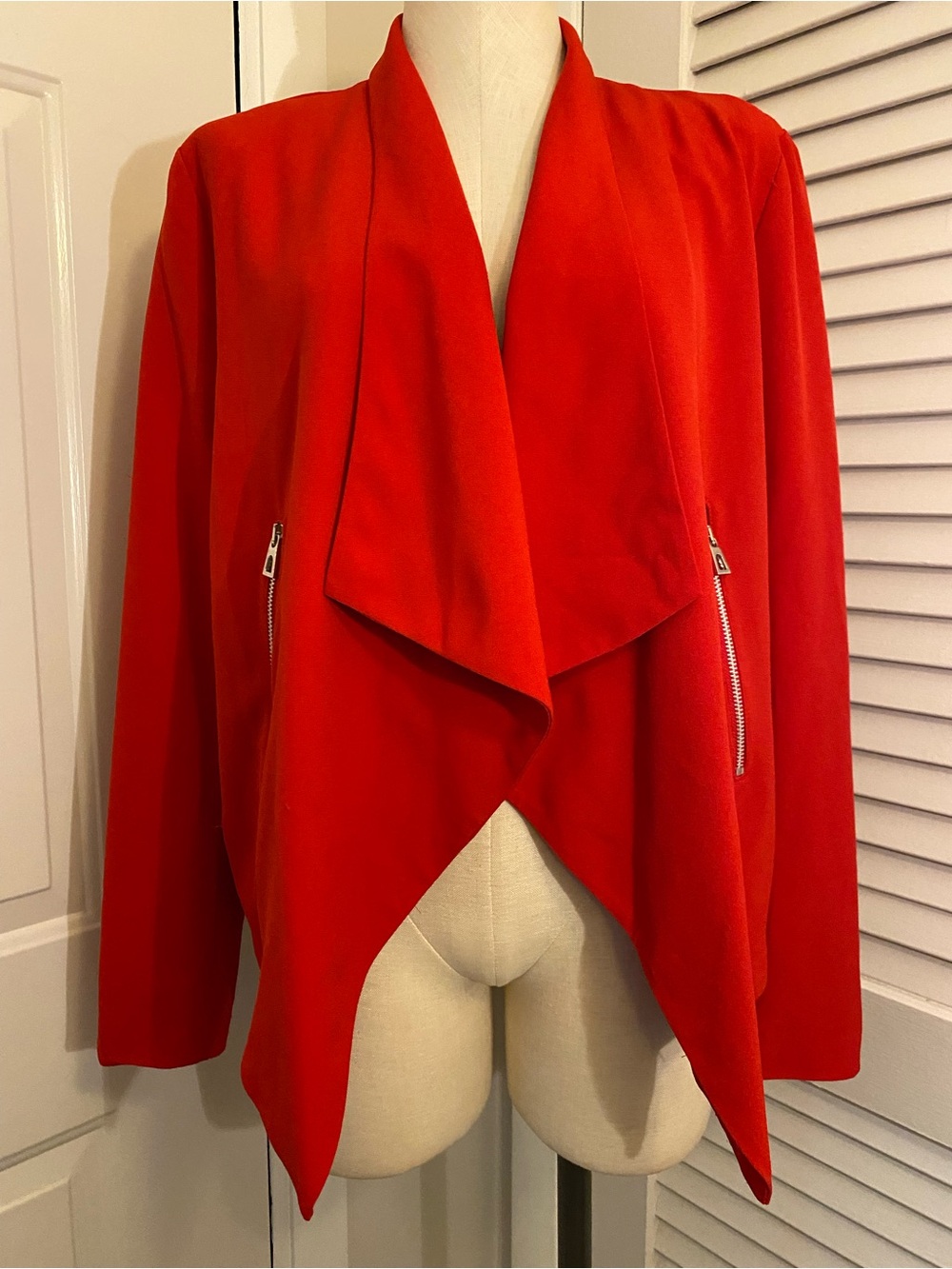 “Relativity” Red Draped Open-Front Blazer w/ Zippers- Size Large
